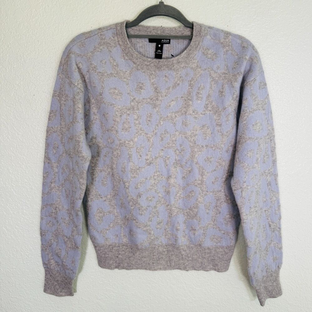 Aqua Cashmere Sweater Womens Extra Small Leopard Pullover Light Blue Grey XS NEW